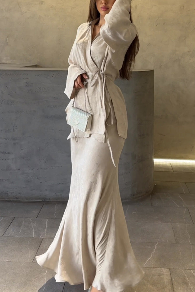 Beige Drape Tie Shirt Top and Skirt Two-Piece Set