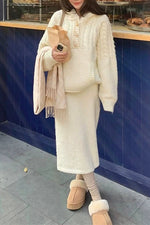 Cable Knit Hooded Sweater and Knit Skirt Two Piece Set