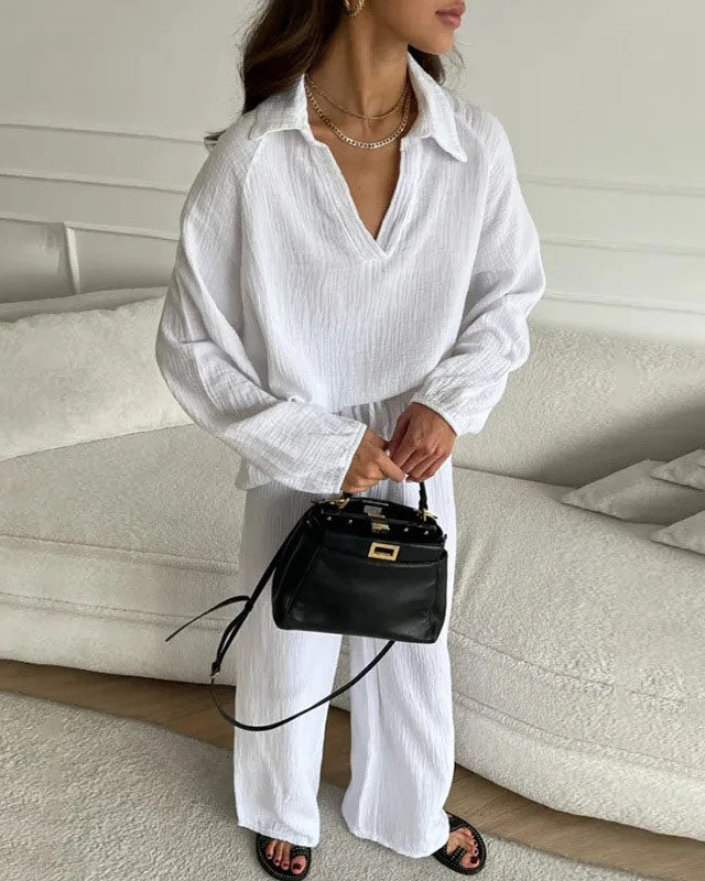 Long Sleeve Top and Drawstring Pants Crepe Two Piece Set