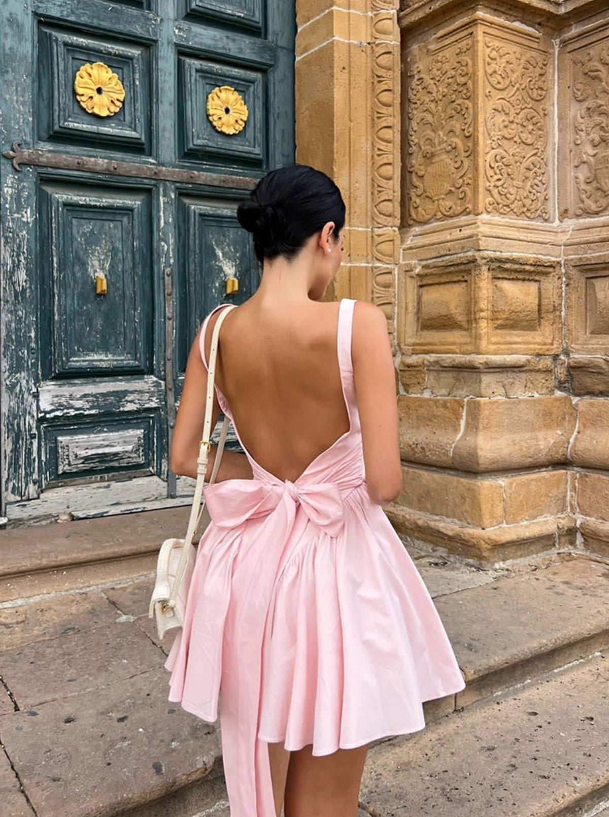 Peach Pink Back-Tie Backless Mini Dress