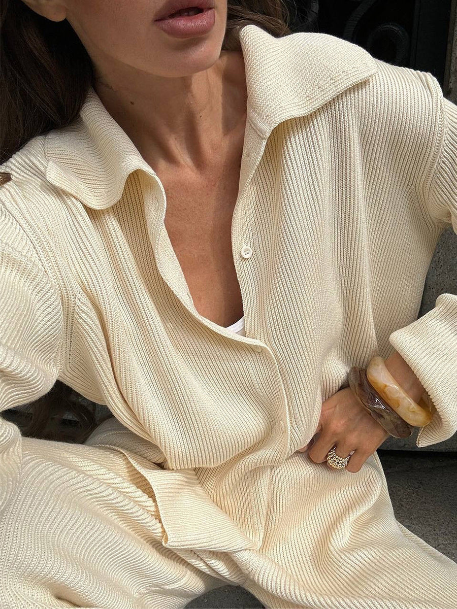 Casual Ribbed Knit Jacket and Knit Pants Two-Piece Suit