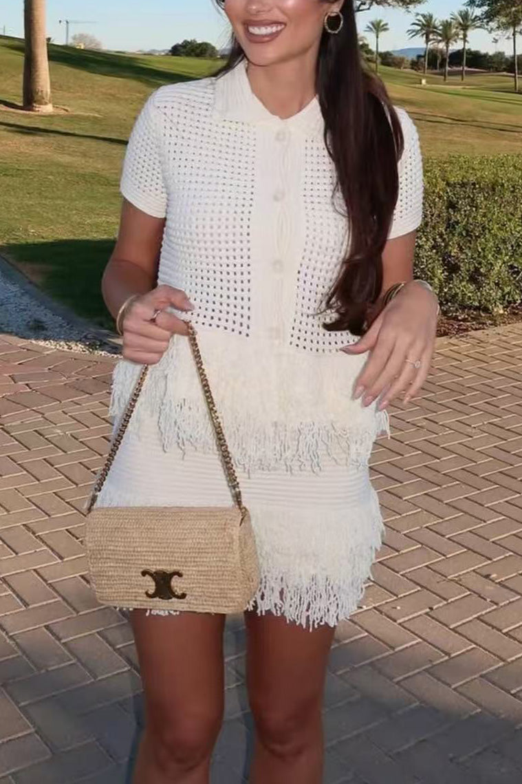 Tassel Short-Sleeved Knit Top and Miniskirt Two-Piece Set