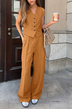 Casual Linen V-neck Vest and Pants Two Piece Suit