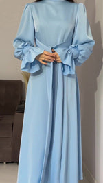 Solid Long-sleeved Belted Midi Dress