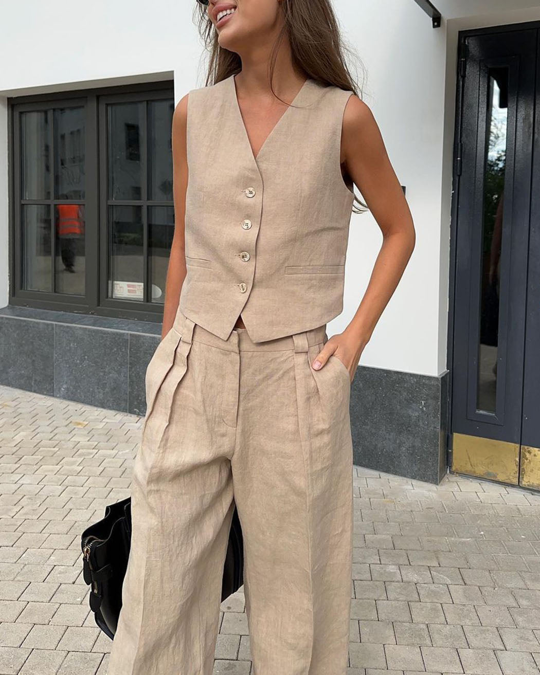 Comfortable Sleeveless Vest and Pants Linen Two Piece Suits