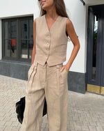 Comfortable Sleeveless Vest and Pants Linen Two Piece Suits
