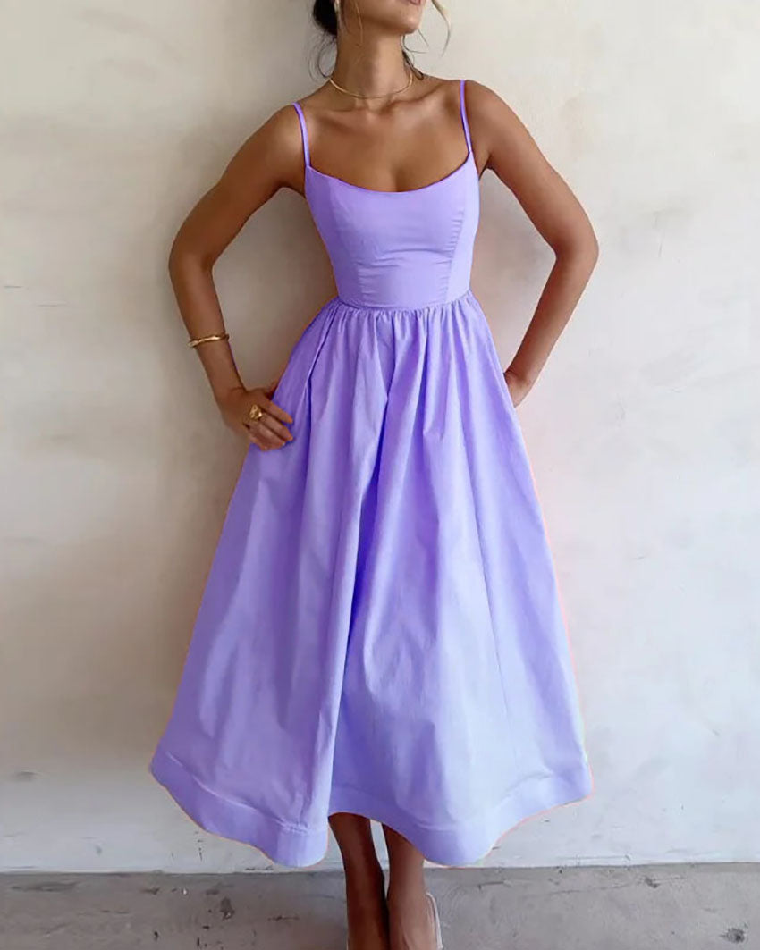 Solid Pleated Waist Slip Midi Dress