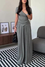 Casual Slim Fit Top and Wide-Leg Pants Two-Piece Suit