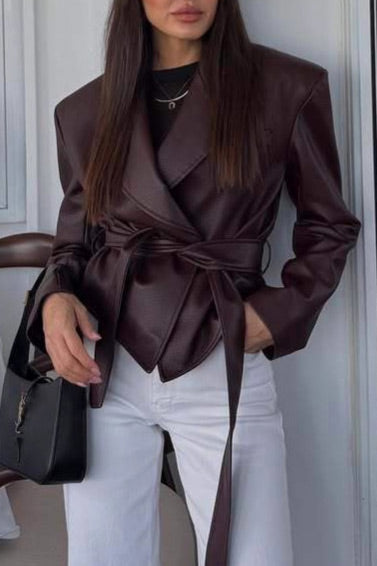 Trendy Belted Faux Leather Motorcycle Jacket