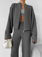 Ribbed Knit Zippered Jacket and Pants Two-Piece Suit