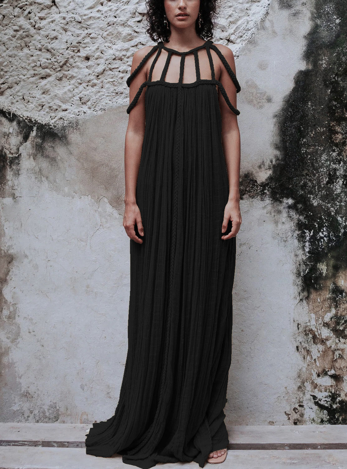 Braided Yoke Loose Fit Maxi Dress