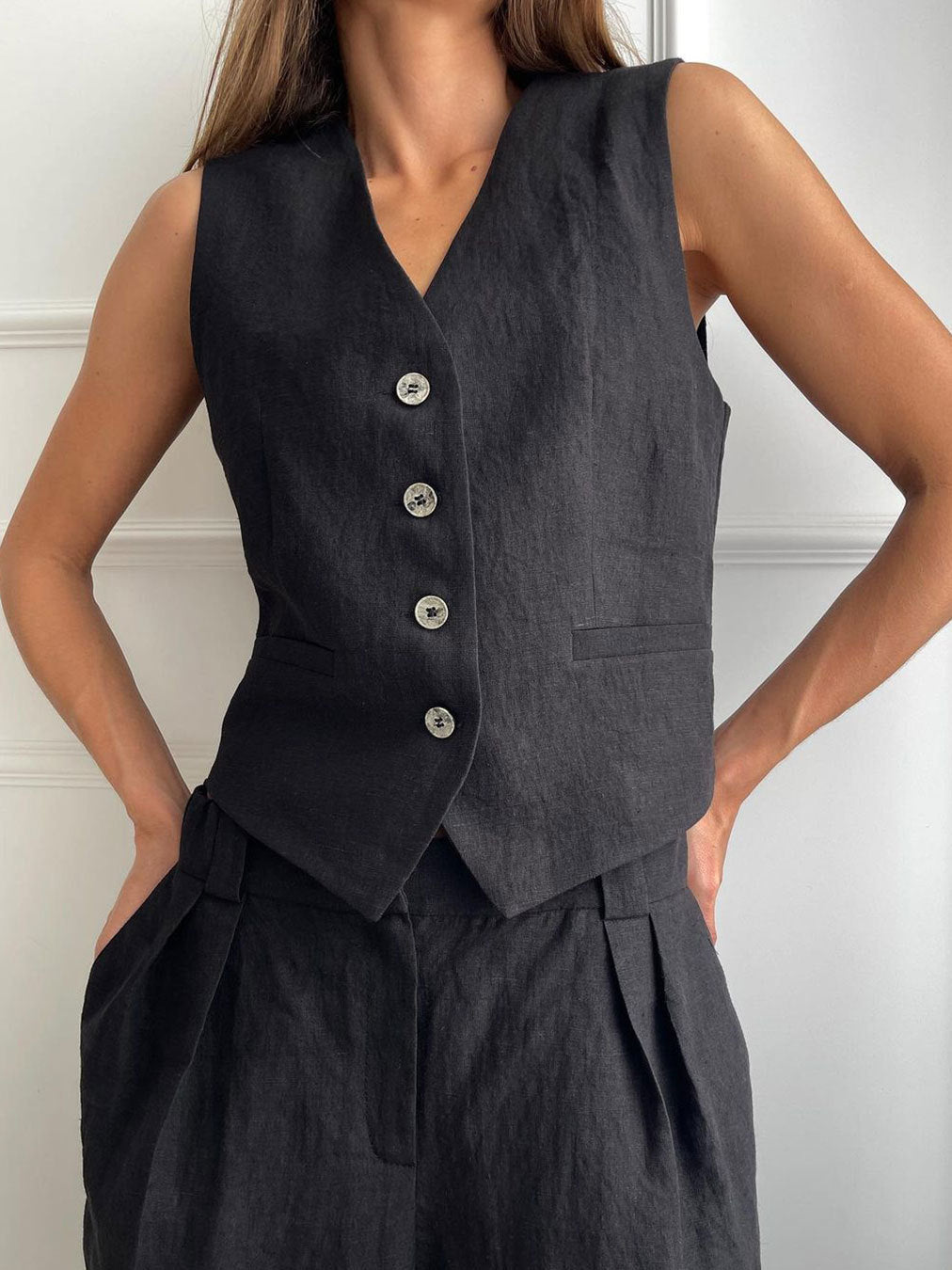 Comfortable Sleeveless Vest and Pants Linen Two Piece Suits