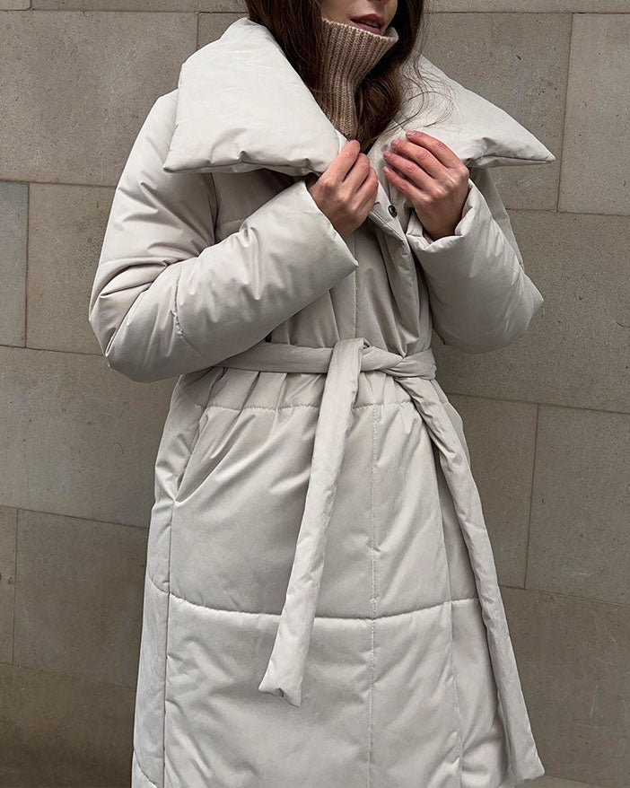 Large Lapel Tie Belted Long Cotton-Pad coat