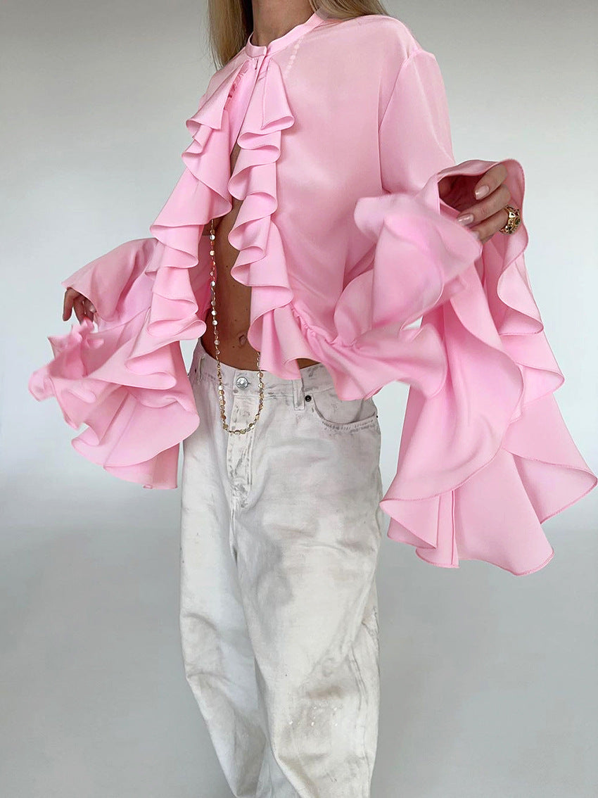 Solid Bell Cuffs Chiffon Ruffled Shirt