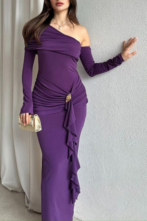 Formal Long-sleeved One Shoulder Slim Midi Dress