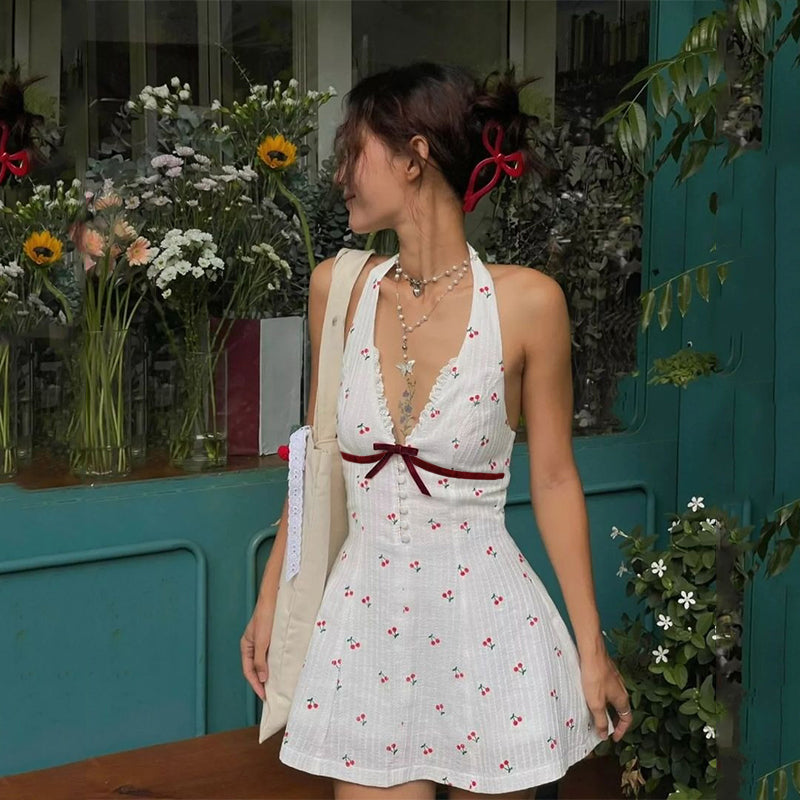 Delicate Cherry Print Mini Dress