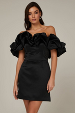 Ruffled Off Shoulder Satin Mini Dress
