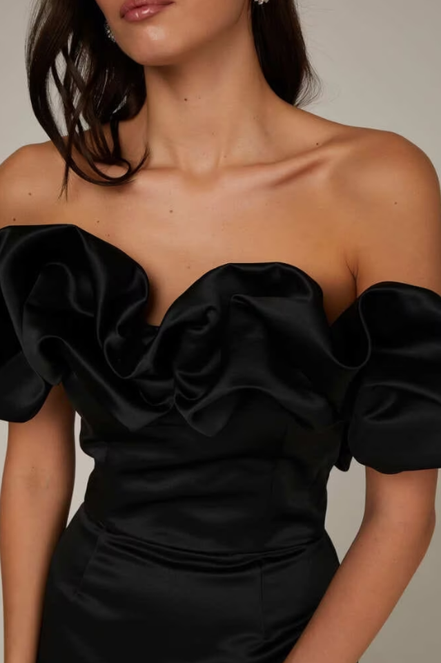 Ruffled Off Shoulder Satin Mini Dress