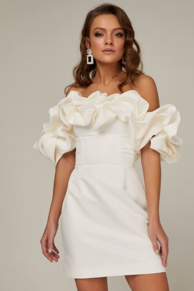 Ruffled Off Shoulder Satin Mini Dress