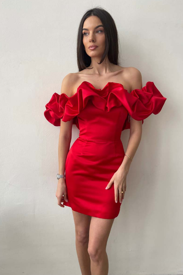 Ruffled Off Shoulder Satin Mini Dress