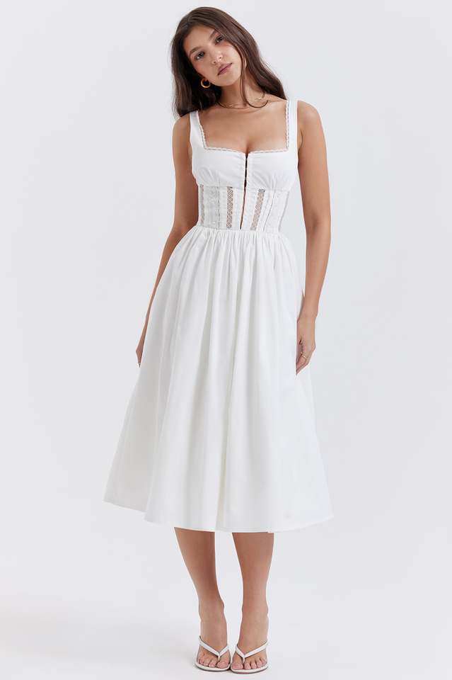 White Lace Trim Pleated Waist Midi Dress