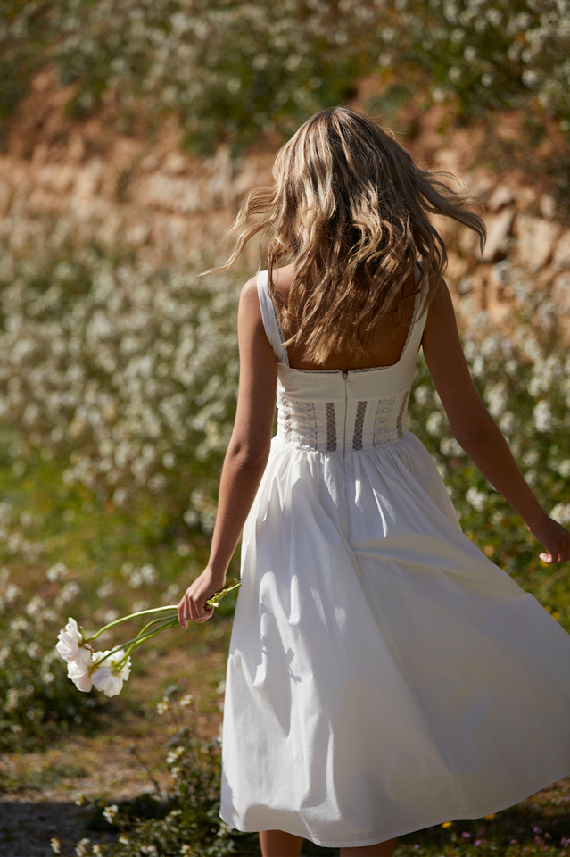 White Lace Trim Pleated Waist Midi Dress