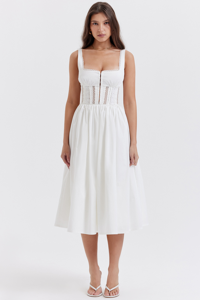 White Lace Trim Pleated Waist Midi Dress