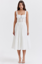 White Lace Trim Pleated Waist Midi Dress