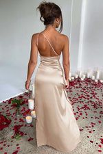 One Shoulder Satin High Slit Maxi Dress