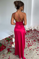 One Shoulder Satin High Slit Maxi Dress