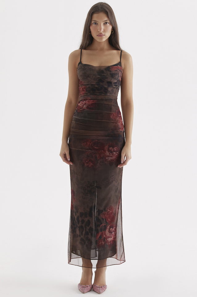 Brown Floral Slip Midi Dress