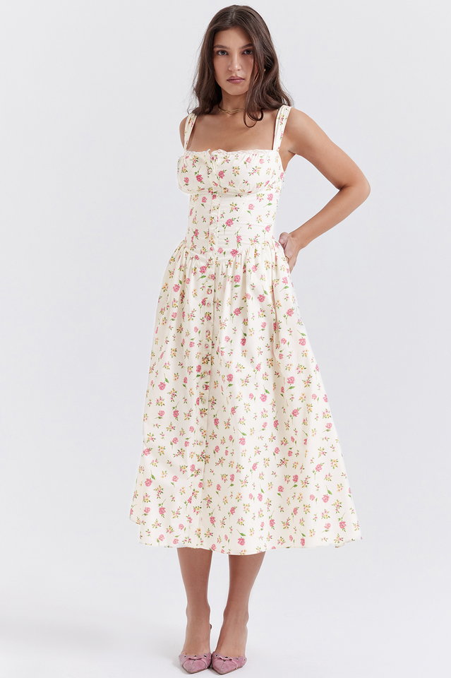 White Rose Print Midi Sundress