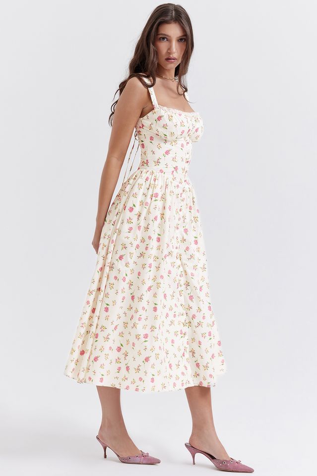 White Rose Print Midi Sundress
