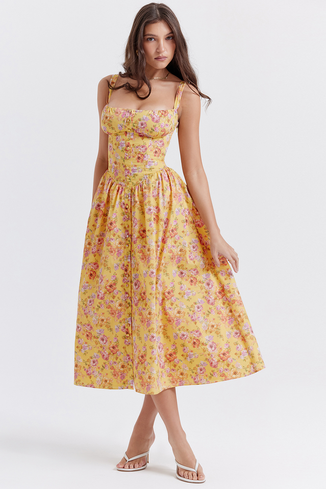 Yellow Floral Slip Midi Dress
