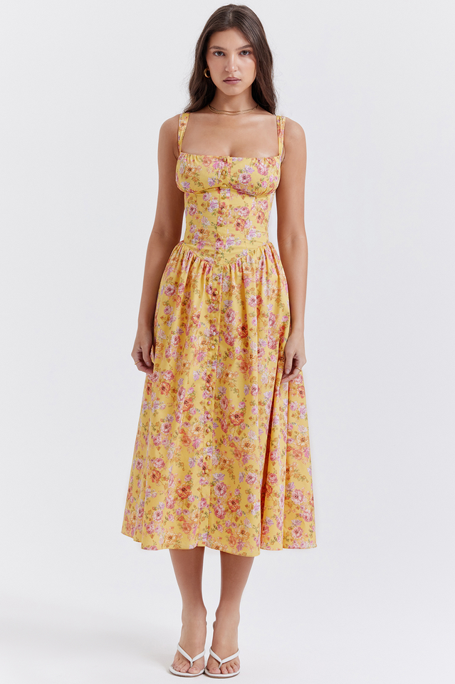 Yellow Floral Slip Midi Dress
