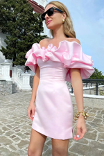 Ruffled Off Shoulder Satin Mini Dress
