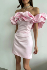 Ruffled Off Shoulder Satin Mini Dress