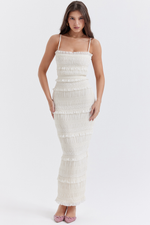Ivory Pleated Slim Fit Maxi Dress