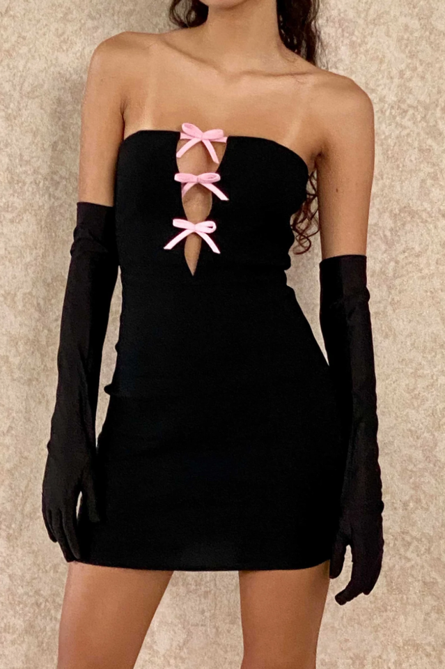 Black Bowknot Trim Bandeau Mini Dress