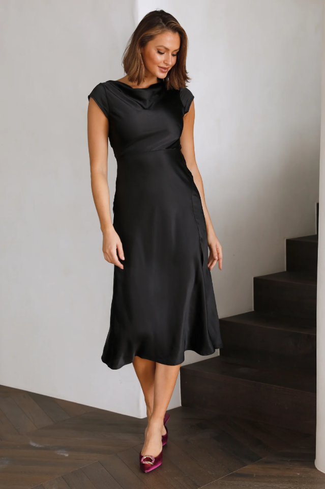 Satin Open Back Side Slit Midi Dress