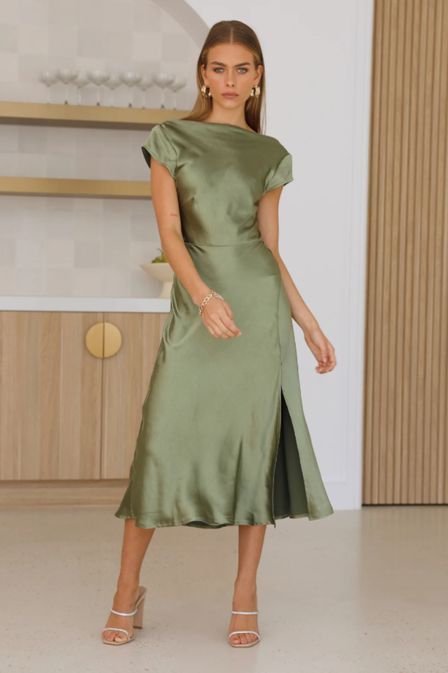 Satin Open Back Side Slit Midi Dress