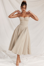 Taupe Pleated Waist Midi Sun Dress