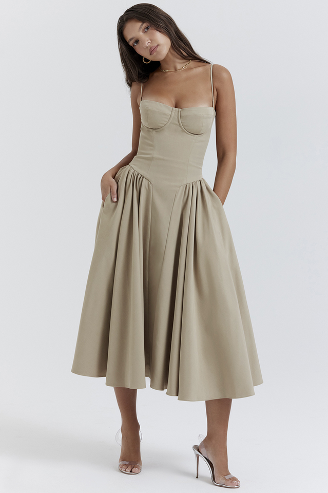 Taupe Pleated Waist Midi Sun Dress