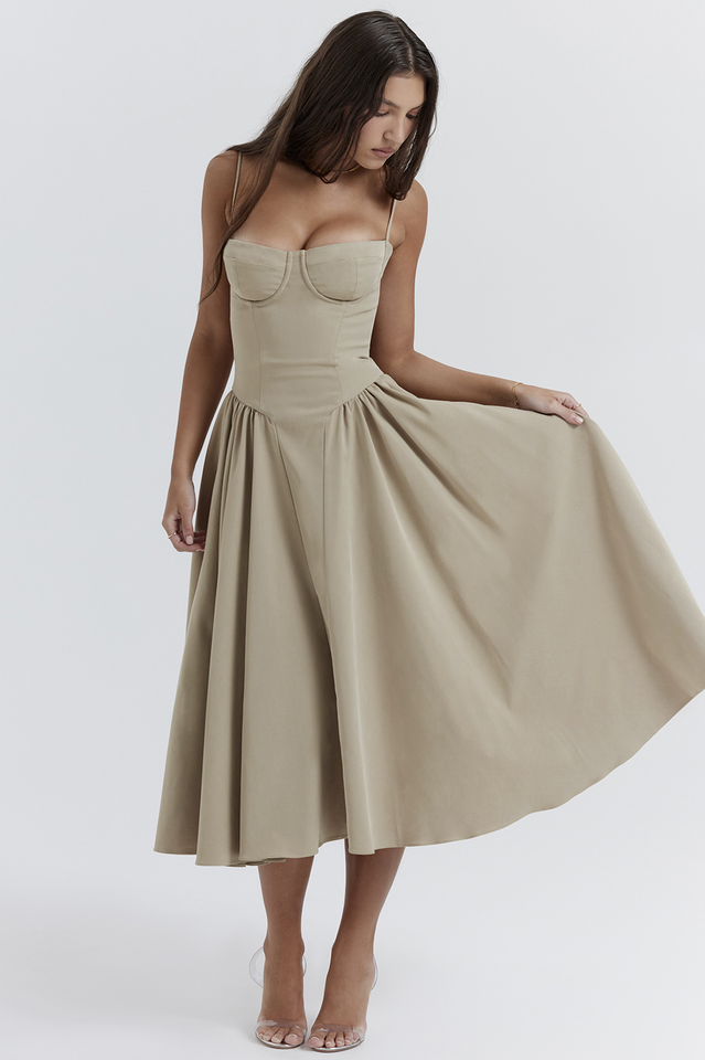 Taupe Pleated Waist Midi Sun Dress