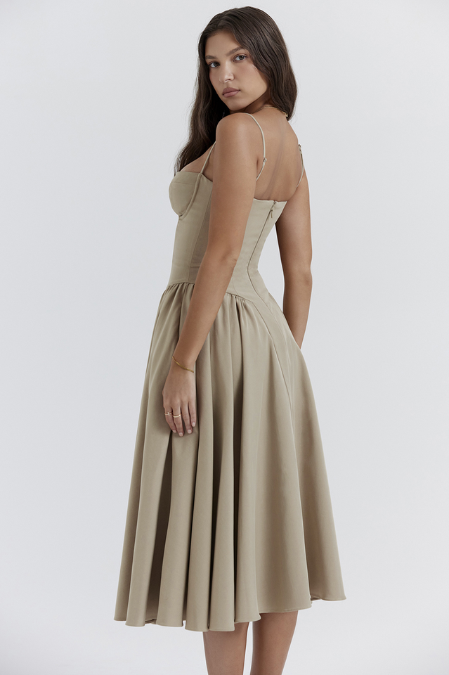 Taupe Pleated Waist Midi Sun Dress
