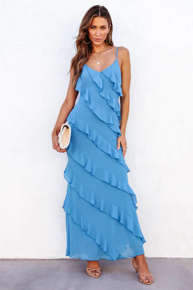 Solid Ruffle Open Back Maxi Dress