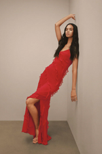 Solid Ruffle Open Back Maxi Dress