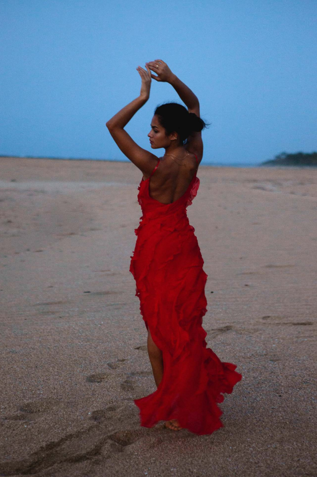 Solid Ruffle Open Back Maxi Dress