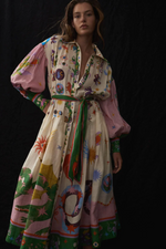 Beige Floral Button Down Shirt Midi Dress