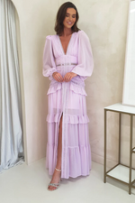 Glam Long Sleeve Ruffle Trim Maxi Dress